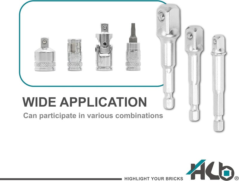 hb+ 3-Piece Socket Adapter Set AAM001-U | 1/4" Hex Shank Impact Driver Drill Adapters | 1/4", 3/8", 1/2" Drive | Chrome Vanadium Steel with Spring-Loaded Detent Ball | Professional Tools Made in Taiwan - Image 3